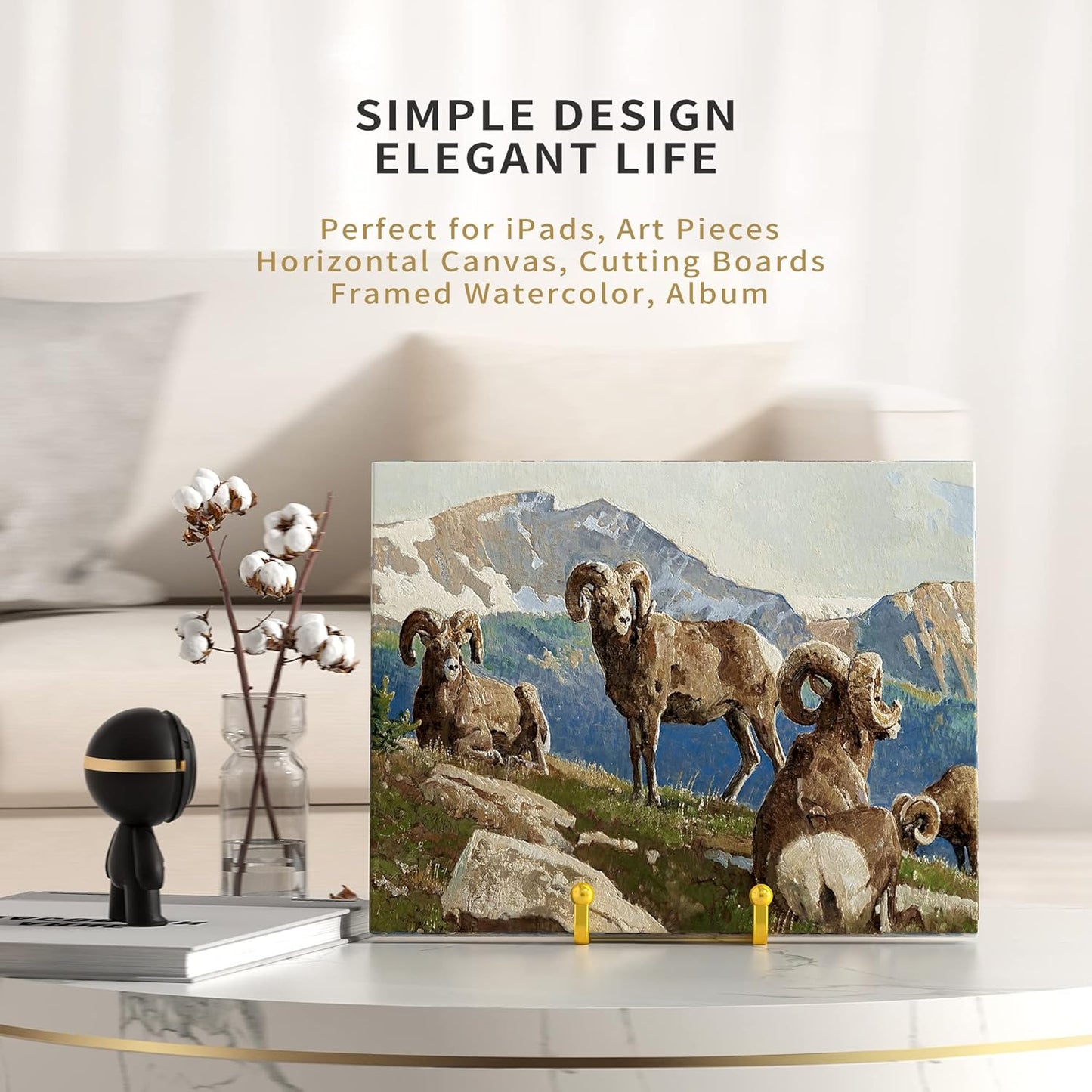 6 Inch Metal Square Wire Plate Stands for Display - Gold 2 Pack Holder Stand + Picture Frame Easel for Book, Decorative Plaque, Photo, Platter