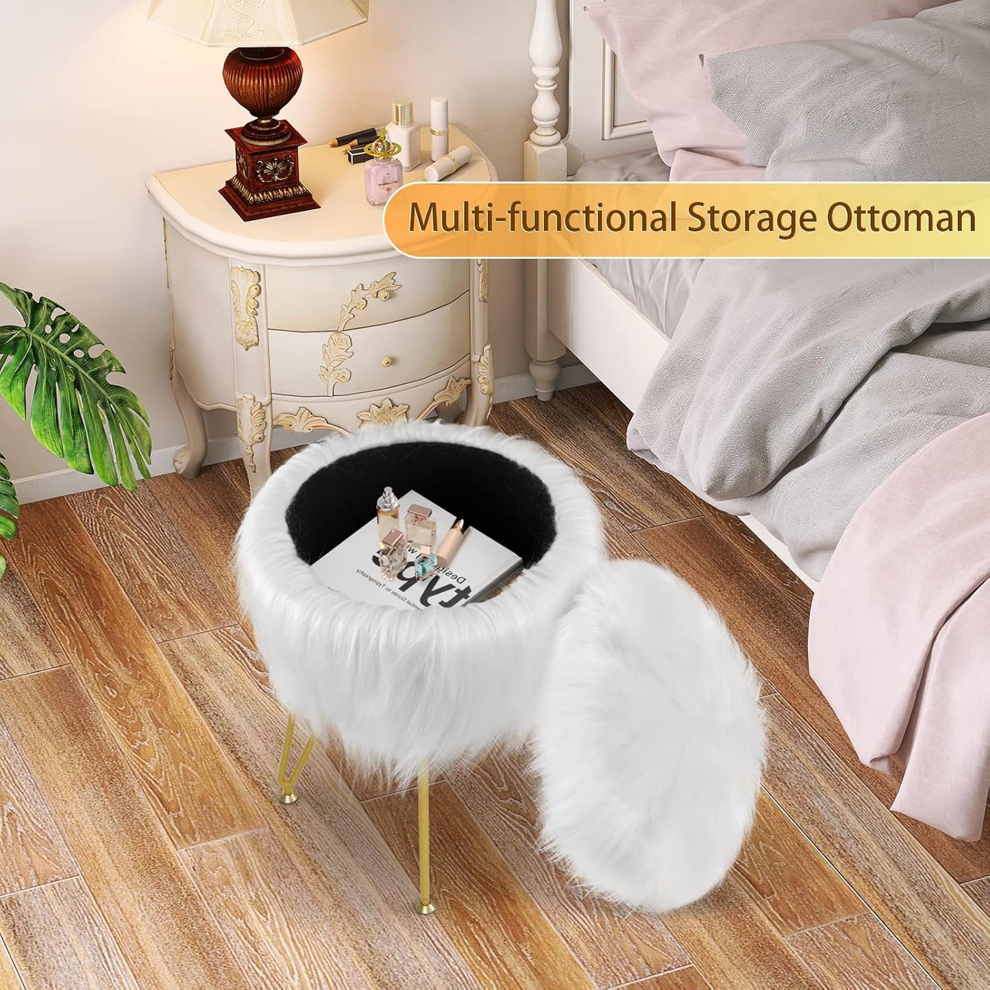 Vanity Stool Chair with Storage, Faux Fur Makeup Room Seat Stool, Soft Padded Seat, Round Footrest Footstools with 4 Metal Legs & Adjustable Footings, Vanity, Bathroom, Bedroom Chairs White
