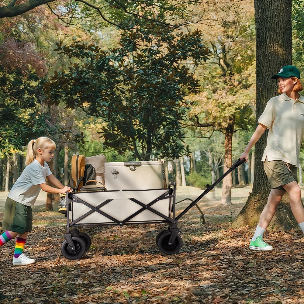 Heavy-Duty Camping Wagon Cart, 150L Extra Large Collapsible Utility Wagon with 440 lbs Capacity, 6.5" Solid Rubber All-Terrain Wheels, Dual Step-On Brakes, Adjustable Auto-Return Handle, Beige & Green