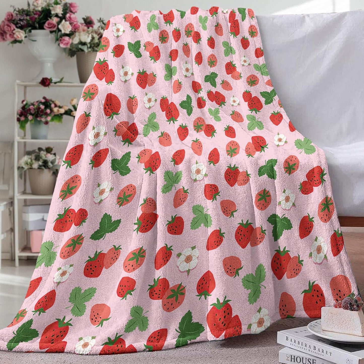 Pink Strawberry Flannel Throw Blanket, Red Pink Fruit Floral Birthday Gifts for Kids Girls Women Adults Teen, Spring Summer Flowers Soft Blankets for Bedding Sofa 50" x 60"