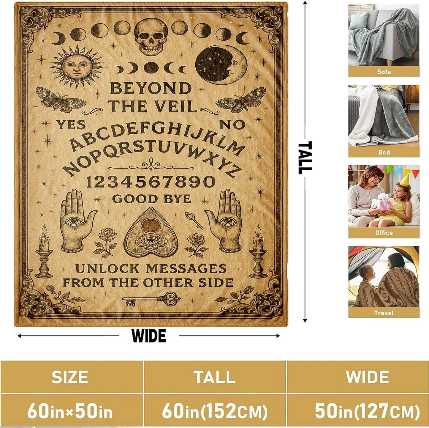 Vintage Gothic Spirit Board Blanket - Witchy Mystical Halloween Throw Blanket 50"x60", Soft Flannel Cozy Occult Celestial Decor, Spooky Unique Gifts for Adults, Goth Home Accessories