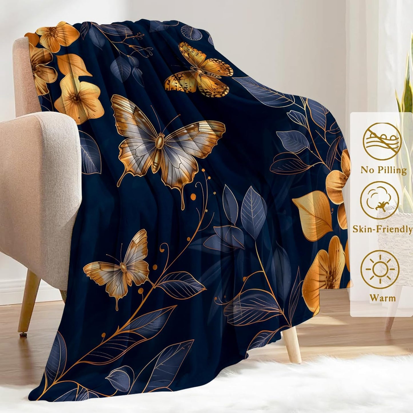 Elegant Butterfly Floral Fleece Throw Blanket 50x60 Inch,Vintage Golden Botanical Insect Decorative Throws,Soft Lightweight Blankets for Reading Chair Bed,Cozy Gifts for Nature Lovers Women