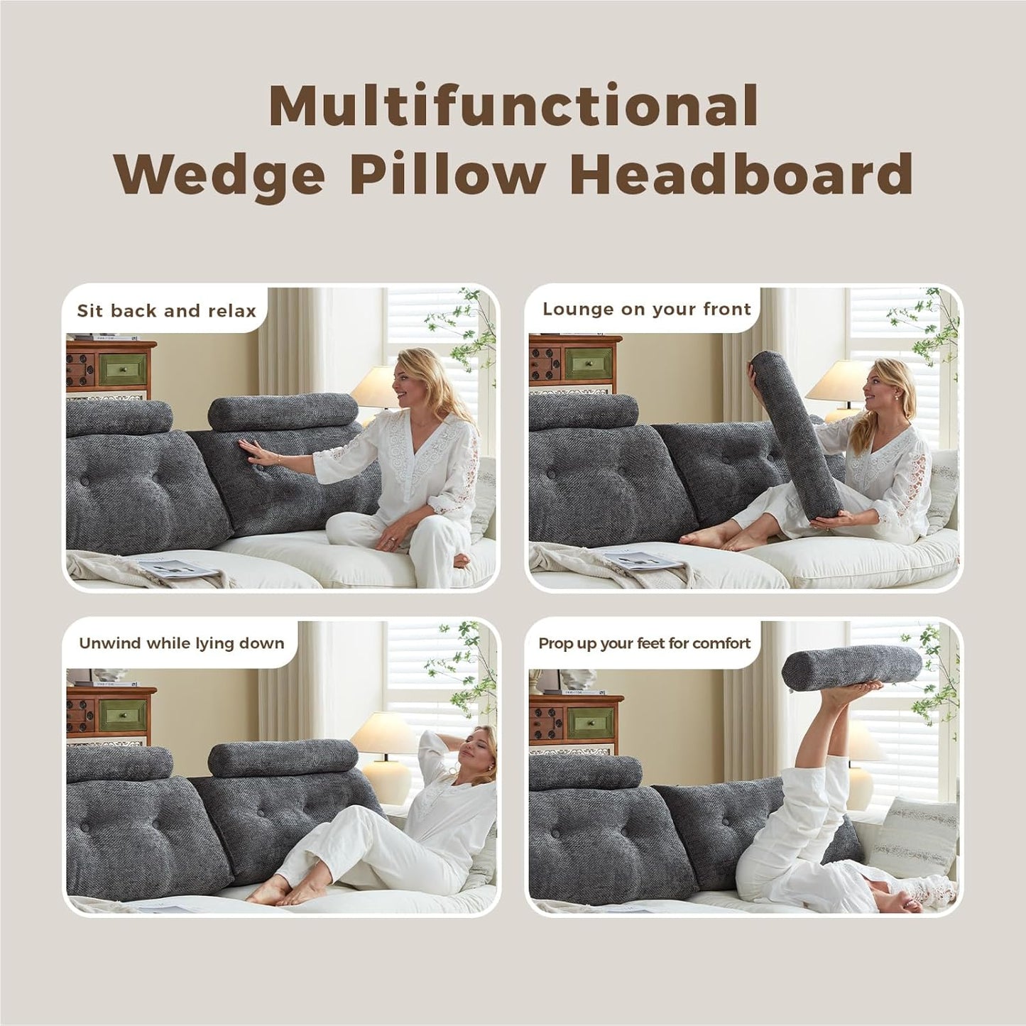Headboard Pillow for Twin XL – Chenille Large Triangular Wedge Pillow for Headboard Gap, Daybed and Couch Backrest, Reading and Sitting Up in Bed with Removable Washable Cover, Dark Gray