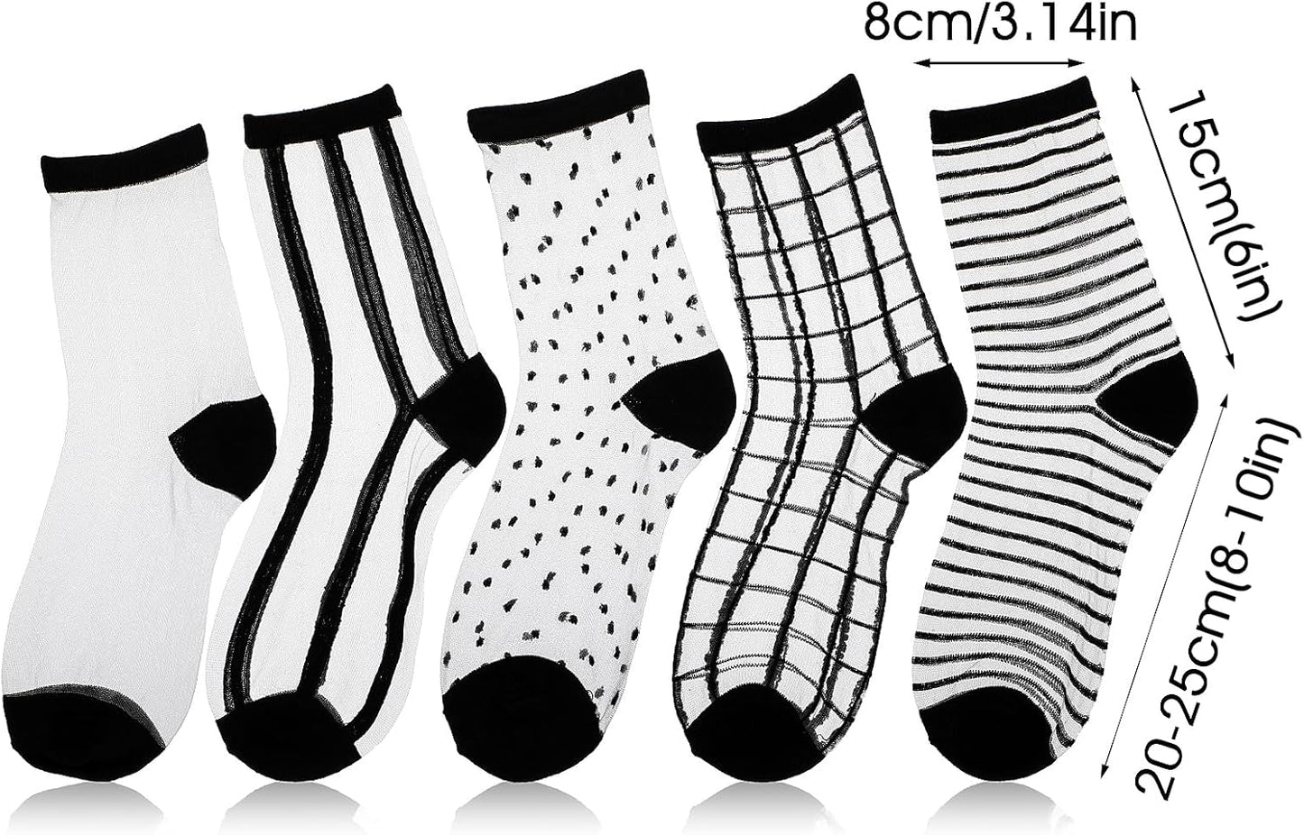 Lusofie 5 Pairs Sheer Black See-Through Socks - Checkered Dot Striped Plaid Ankle Summer Socks for Women - Thin Fashion