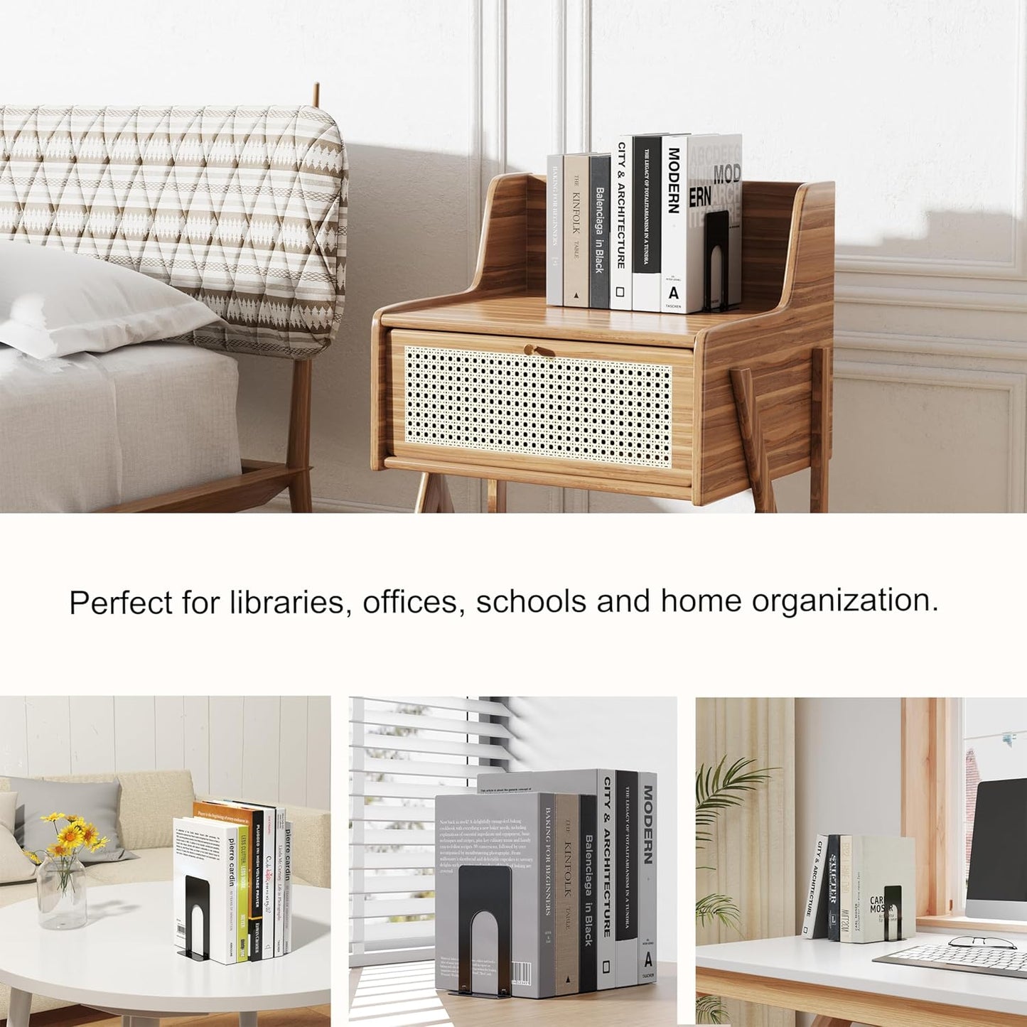 Optomni Book Ends, 3 Pairs of Small Bookends for Shelves, 3.9 x 2.8 × 5.2 in, Black Metal Book Stopper, Sturdy Book Holders for Home Office (6 Pcs, Small)