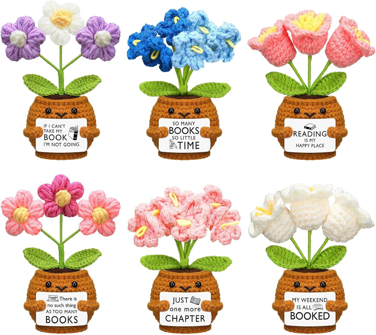 Wavwavw 6 Pcs Book Club Gift Book Lover Gift Bulk Crochet Flower Handmade for Bookish Bookshelf Deck Decor Librarian(Flower)