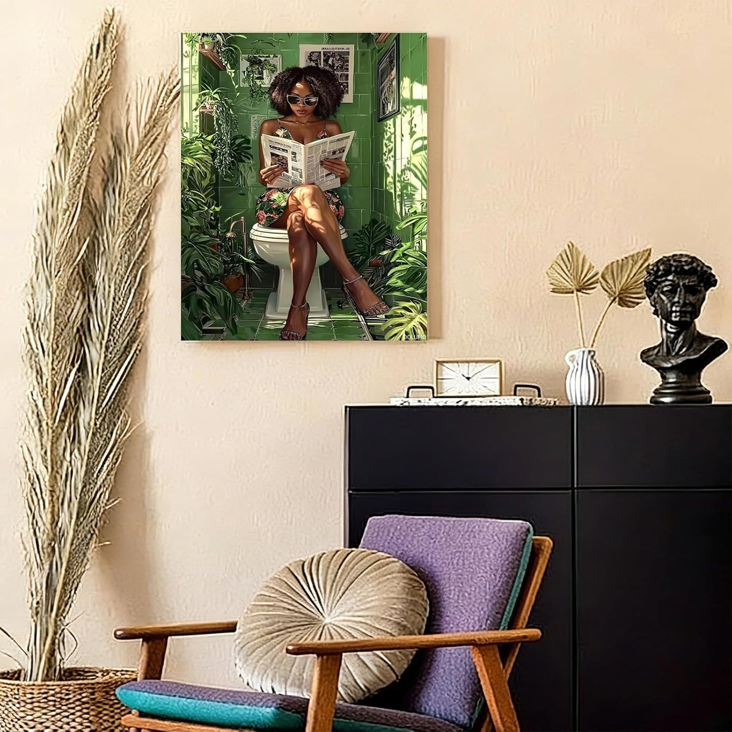 Black Art Prints, Black Woman Reading in Green Botanical Toilet Poster, African American Print, Stylish Aesthetics, Black Plant and Bathroom Print, Maximalist Bathroom Decor 8x10inch Framed