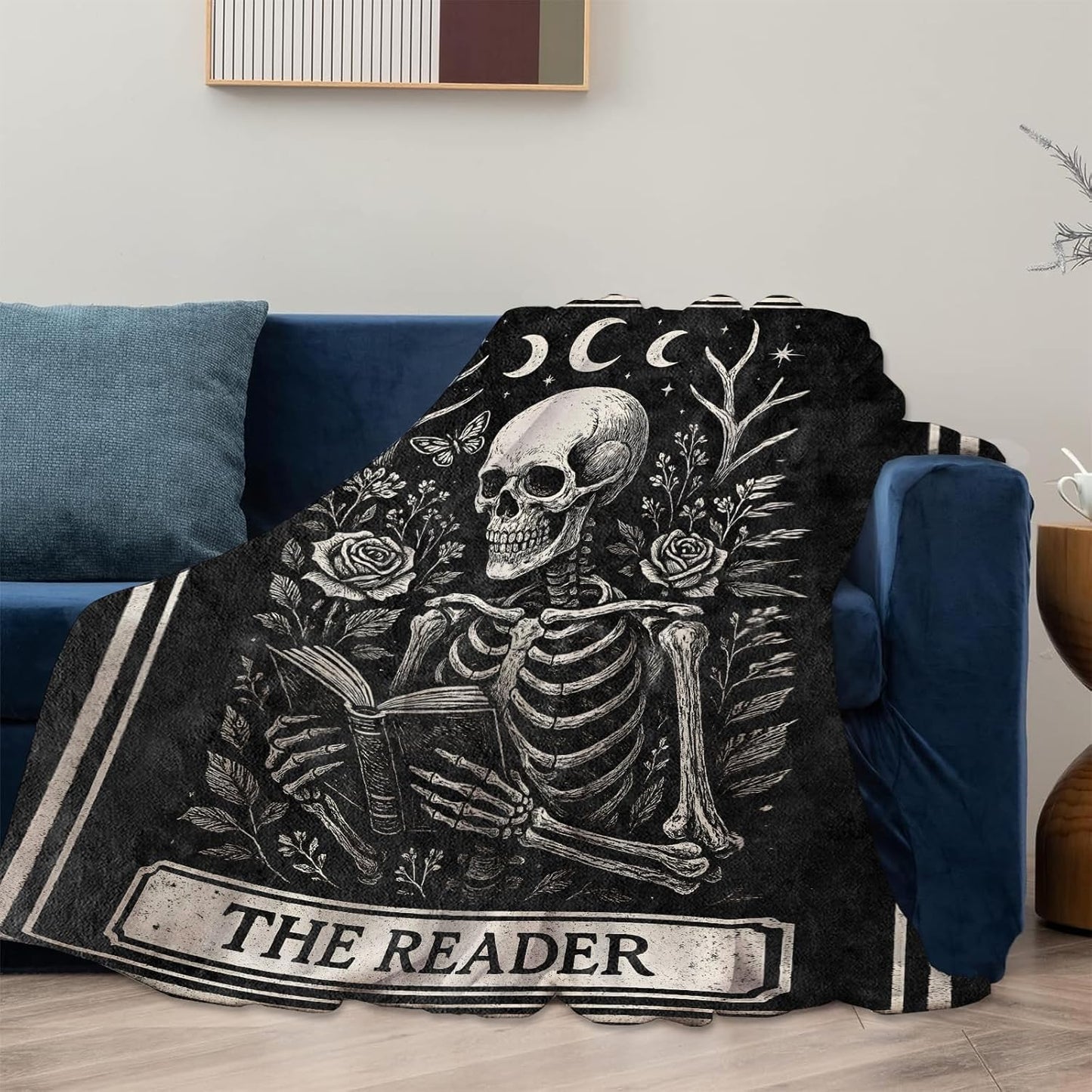 Gothic Skeleton Reading Blanket Gifts for Women, Soft Warm Lightweight Flannel Skull Moon Throw Blankets for Bedroom Living Room Home Sofa Camping Decor 50" x 60", Goth Floral Throws