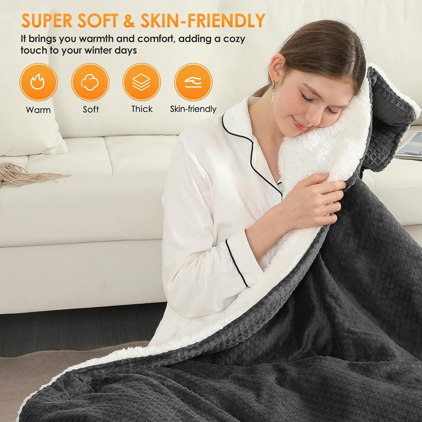 Heated Blanket Throw,Waffle Weave Electric Blanket, Rapid Heating,LCD Controller,6 Temperature Settings, 4-Hour Auto Shut-Off,ETL Certified, Machine Washable, 50“ × 60”,Luxury Black