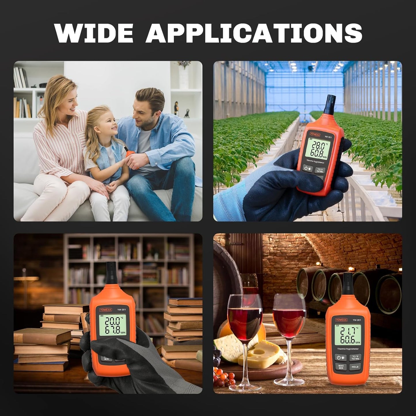 YW-201 Temperature Humidity Meter Digital Psychrometer, Thermometer Hygrometer with Dew Point & Wet Bulb, Max/Min, Data Hold, LCD Backlight