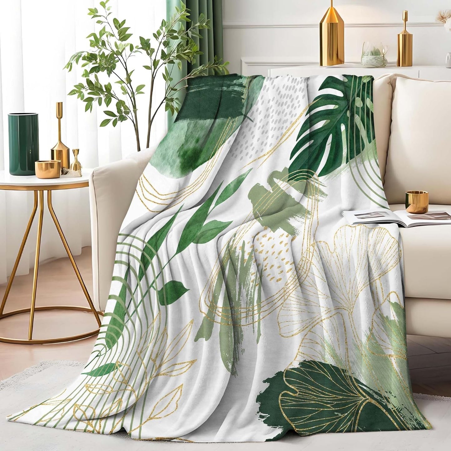 Sage Green Leaf Twin Blanket Mid-Century Green and Gold Boho Flannel Blankets for Bed Living Room Sofa, Decorative Patterned Super Soft Cozy, 60x80 in
