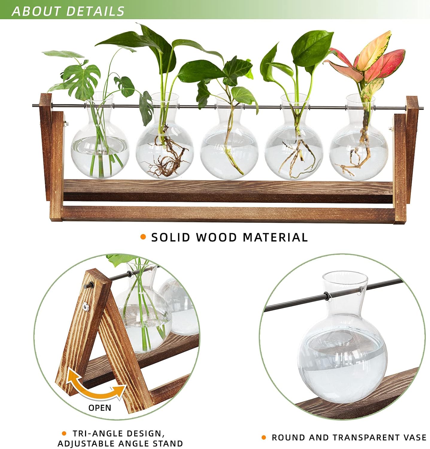 CFMOUR Plant Terrarium with Wooden Stand, Desktop Propagation Stations Glass Air Planter Metal Swivel Holder for Indoor Live Hydroponics Plants Office Home Garden Decor (5 Bulb Vase)