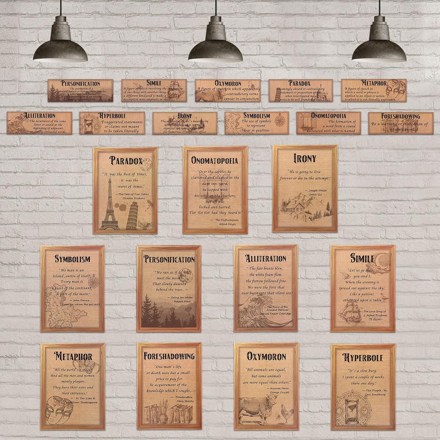 Zonon 22 Pieces Literature Posters Classroom Decorations Elements of English Language and Literature Grammar Educational Posters English Art Print for Middle High School(Vintage)