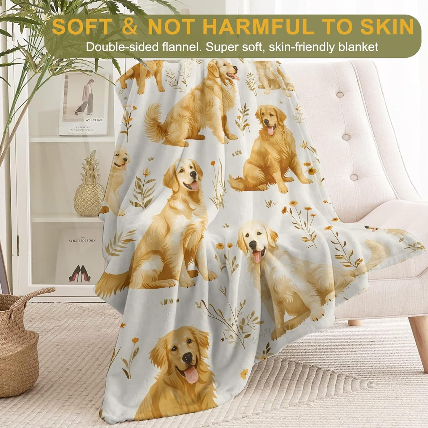 Golden Retriever Flannel Blanket - Lightweight Soft Cozy Gifts Blankets for Dog Lovers, Kids, Women,Cute Floral Art Style Throw,Elegant Home Room Modern Retro Decor 40x50in