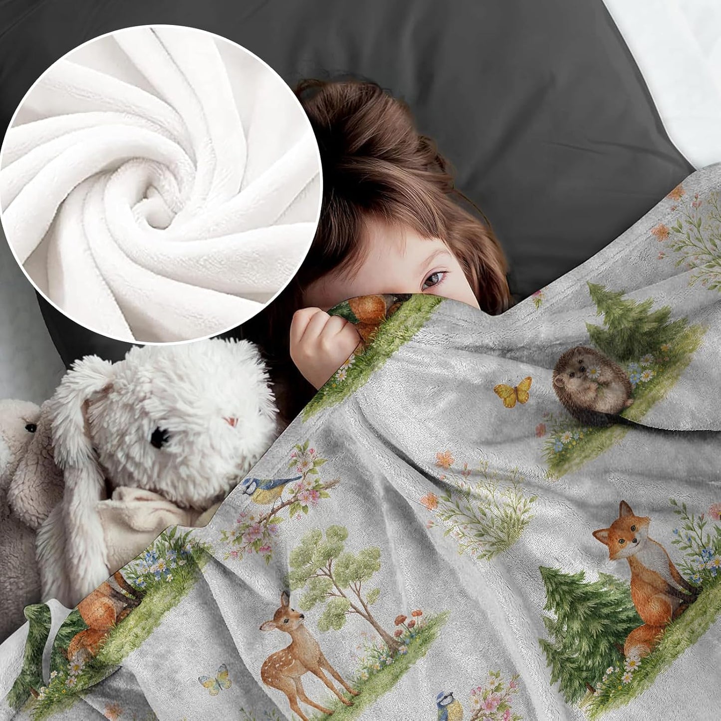 Woodland Animal Blanket for Nature and Animal Lovers, Fox Deer Bird Hedgehog Flannel Blankets, Forest Gifts, Soft Warm Cozy Throws for Sofa Couch Bed Living Room Bedroom Home Decor 60" x 50"