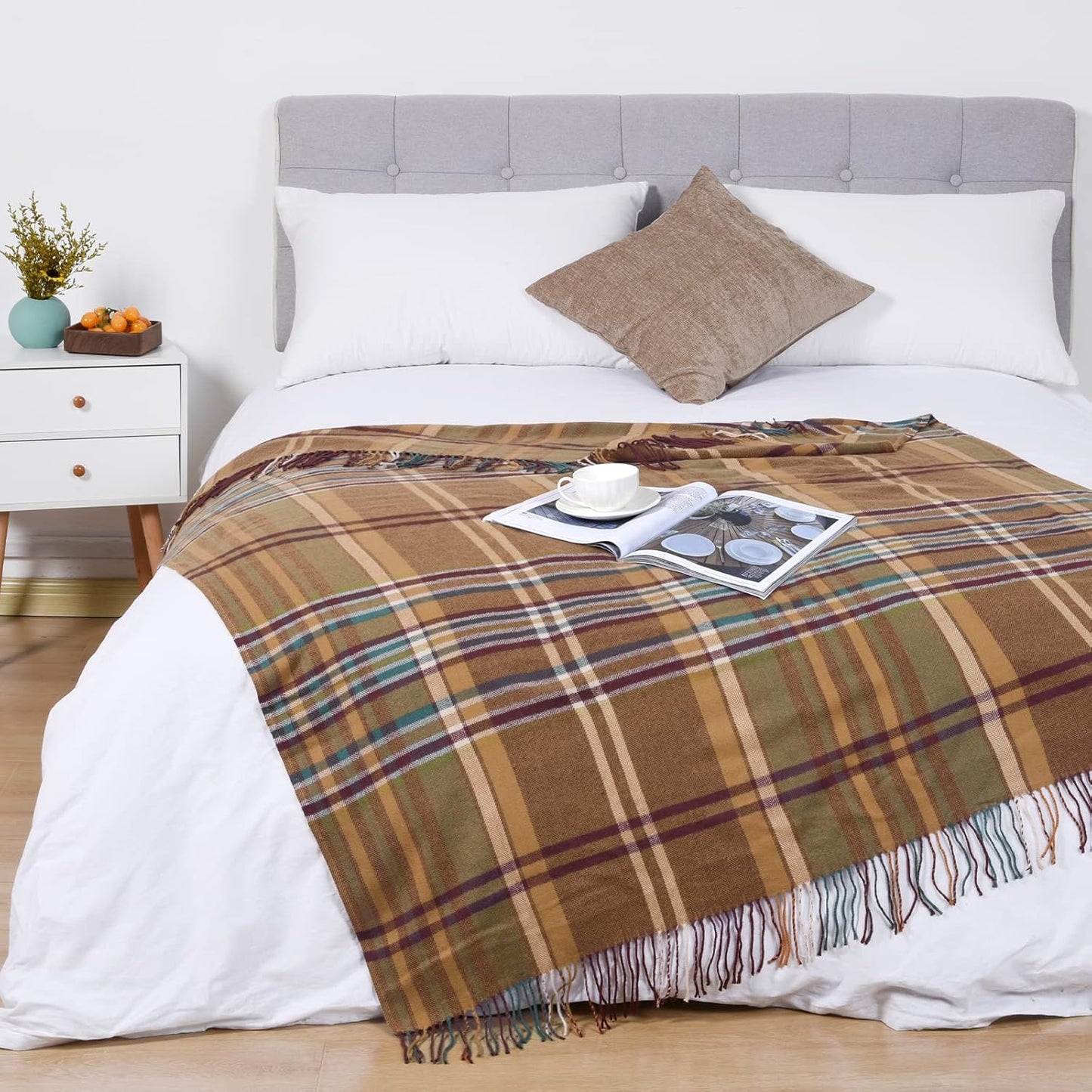 David's Home Buffalo Plaid Throw Blanket- Soft and Lightweight Tartan Herringbone Fringe Blanket for Couch Sofa-Outdoor Lap Throw with Decorative Tassels,50x60 Inches-Pumpking Orange