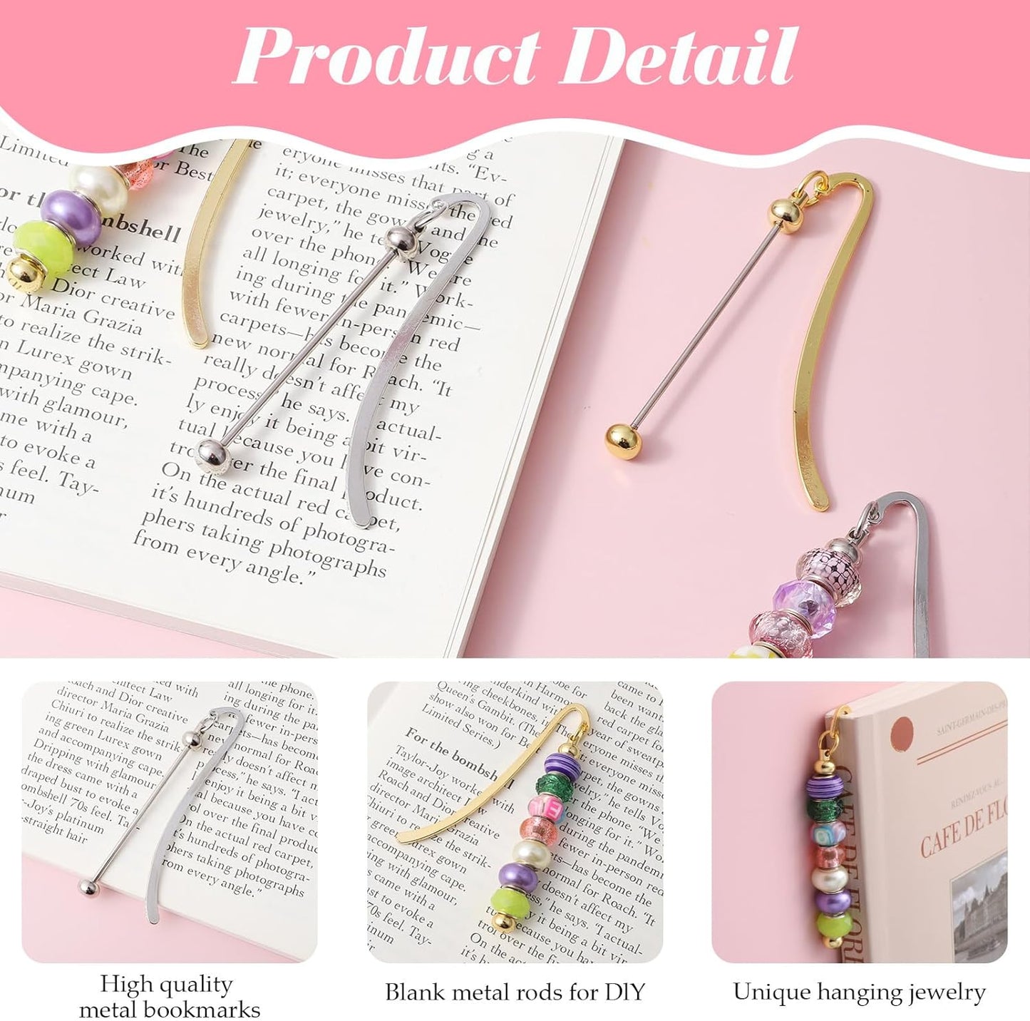 9 Pack Beadable Metal Bookmark, DIY Metal Blank Bar Bookmark, Custom Bookmarks for Beads Jewelry Pendants Charms Beading Marks Craft Book Lovers Office Supplies (Silver, Gold, Rose Gold)