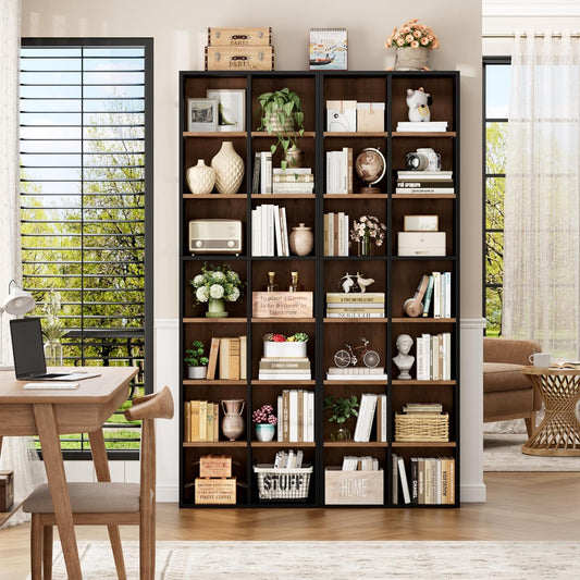 FOTOSOK 71'' Tall Bookshelf with 14 Cubes, 7 Tier Double Wide Wood Bookshelf with 6 Adjustable Shelves, 19.6" Narrow Bookcase DVD/CD Media Storage, Space Saving Display Shelf Cabinet, Black/Brown