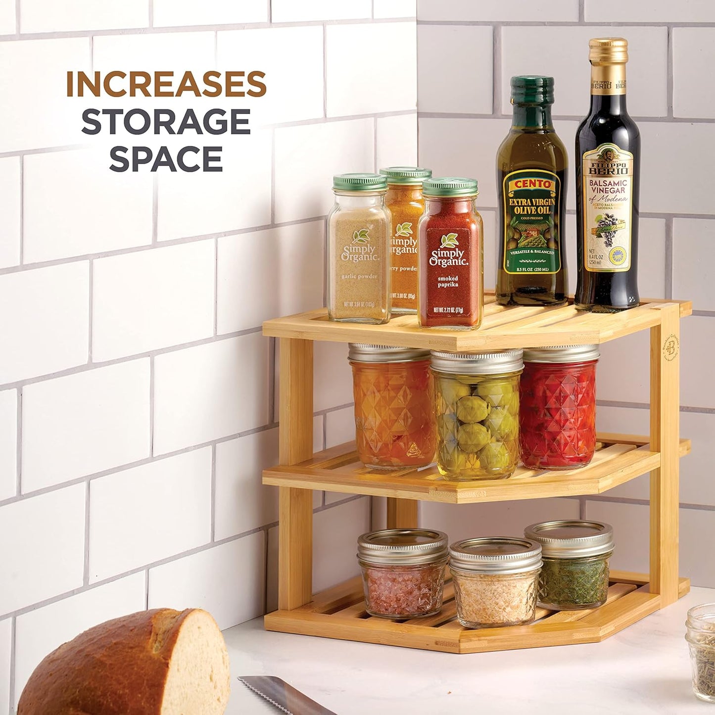 Plate Organizer for Cabinet - 3 Tier Bamboo Corner Shelf Cabinet Organizer for Plates, Bowls, Mugs and Pantry Storage, Space Saving Countertop and Cabinet Corner Shelf, 10 x 10 x 9.5 Inch, Bambusi | Kitchen Counter, Cabinet Space Saver, Plates, Dishes, Bo