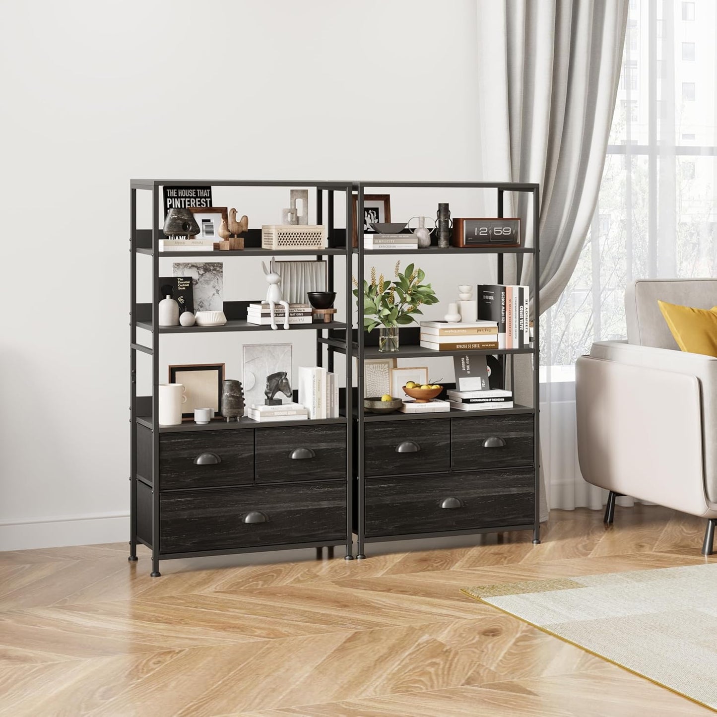 6 Tier Bookshelf, 47-Inch Small Bookcase with 3 Fabric Storage Drawers, Wood and Metal Book Shelf Storage Organizer, Industrial Display Standing Shelf Unit for Bedroom, Living Room, Black