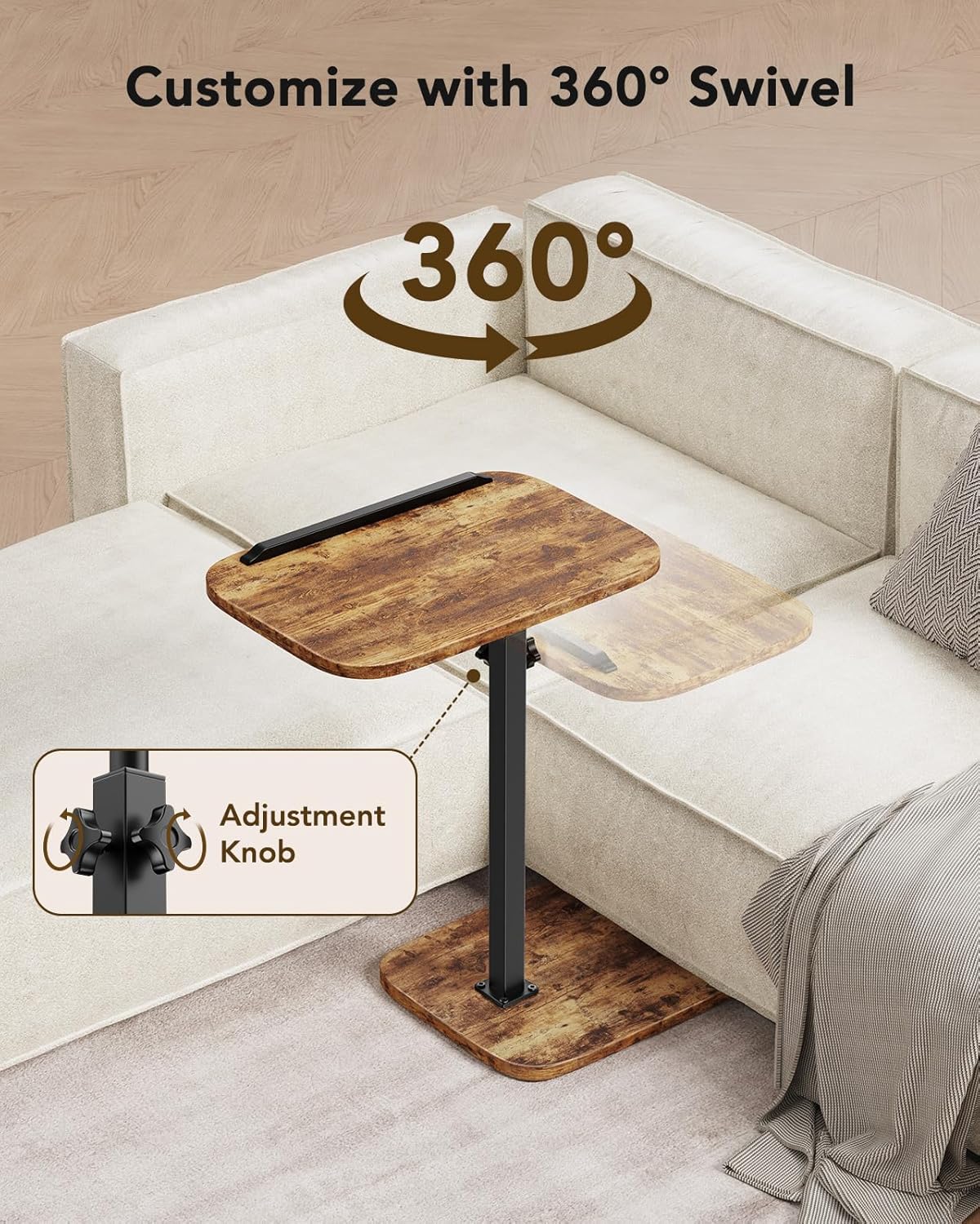 HUANUO Adjustable TV Tray, Height Adjustment TV Trays with 360° Swivel and 90° Tilt, Sturdy & Multi-Functional Sofa Table with Anti-Slip Bar, Side Table for Couch, Bedside, Dining, Living Room