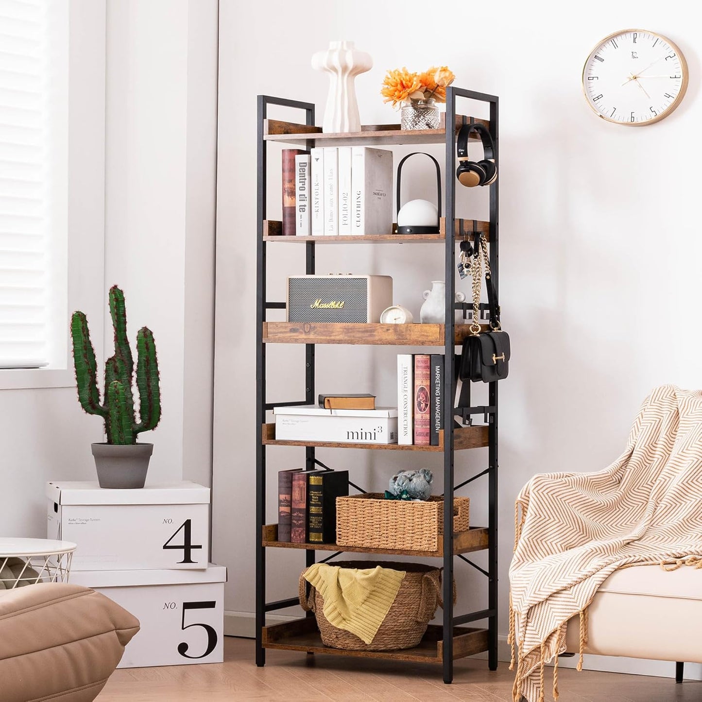 6-Tier Adjustable Open Bookcase — Industrial Wood & Black Metal, Rustic Farmhouse