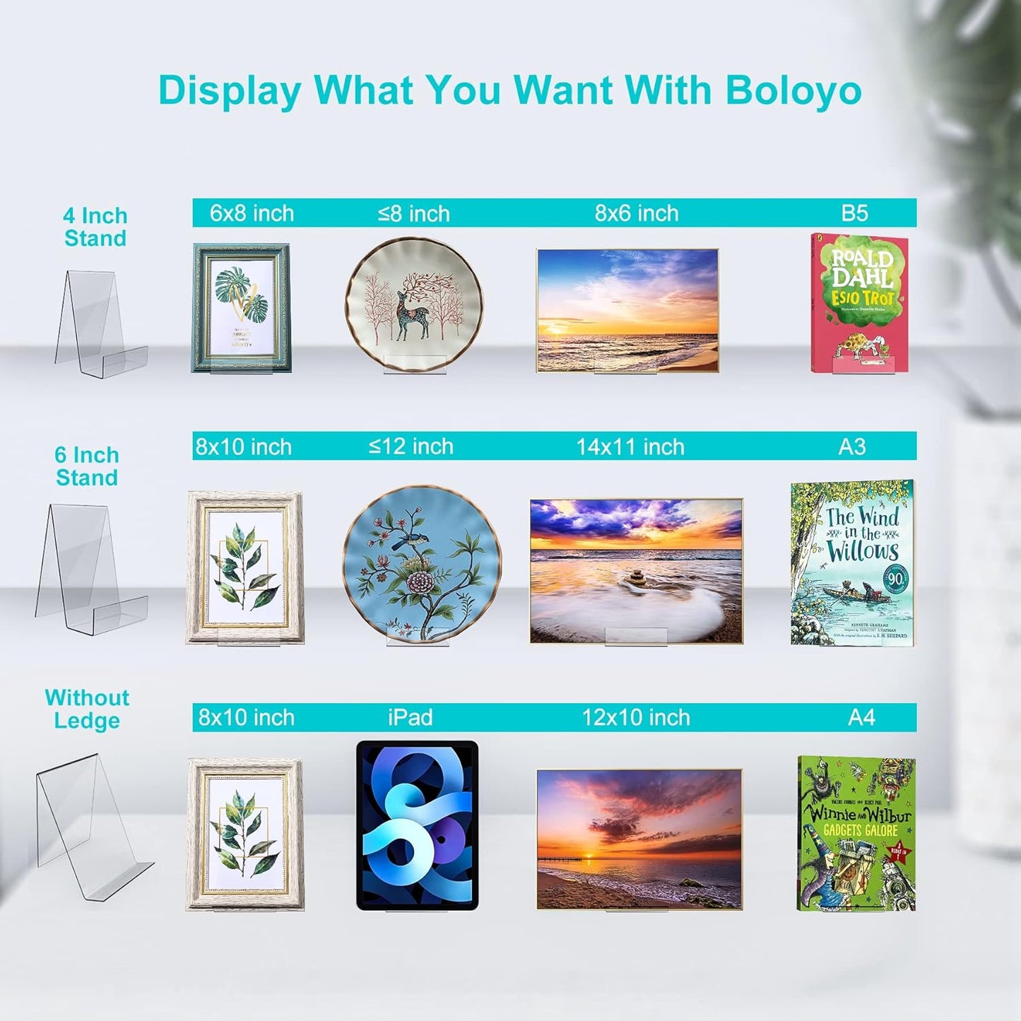 Boloyo Acrylic Book Stand with Ledge,6PC 6 Inch Clear Acrylic Display Easel Transparent Display Stand Holder Tablet Holder for Displaying Books,Magazine,Plate,Pictures,Artworks, CDs