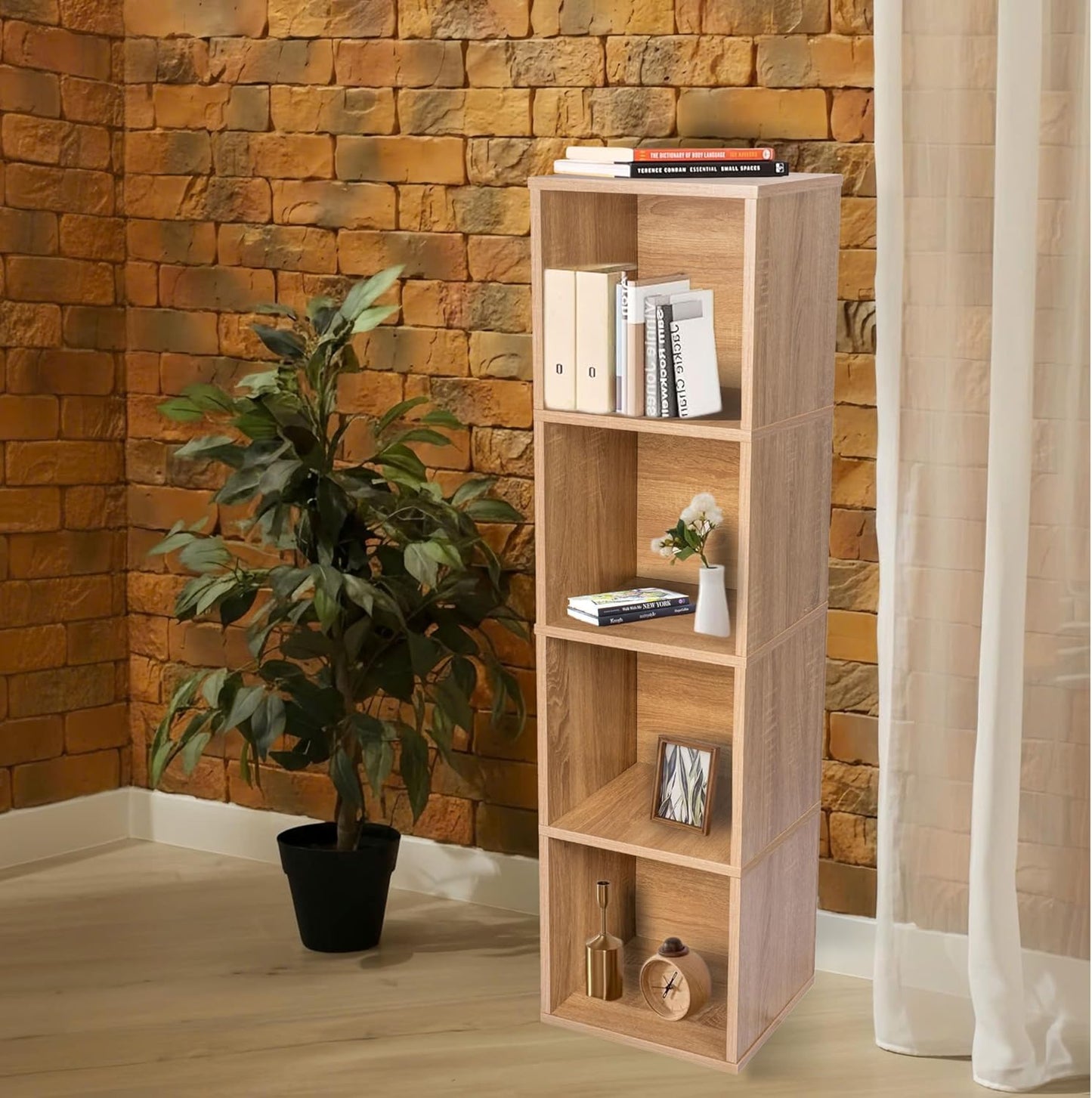 Cube Storage Organizer Wooden Bookshelf, 3 Tier Cube Shelf Bookcase, Small Bookshelf Storage Organizer, Narrow Cube Storage Shelf for Bedroom, Small Bookshelf for Living Room and Office (4 cube)
