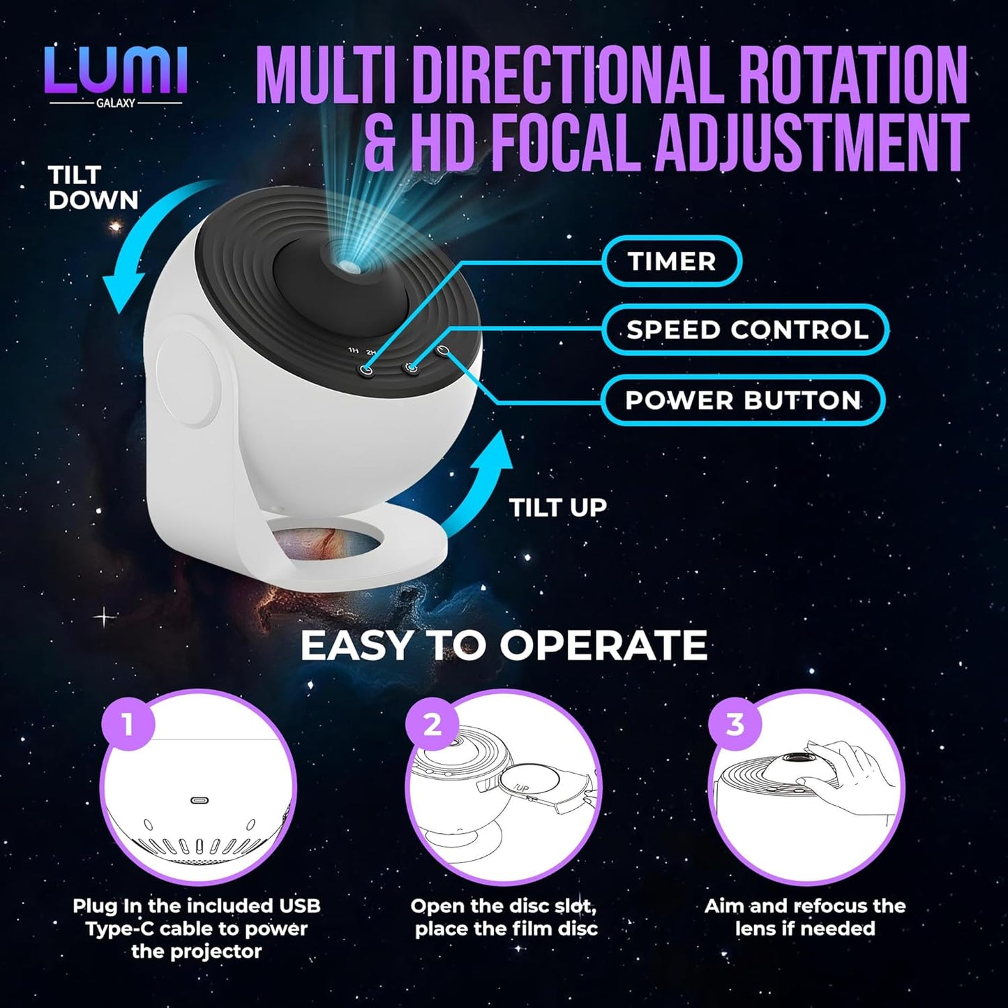 Lumi Galaxy Projector – Star Projector Galaxy Light with 12 HD Film Discs, 360° Rotating Planetarium Room Lights for Bedroom Ceiling, Night Lights for Kids, Northern Lights Projector