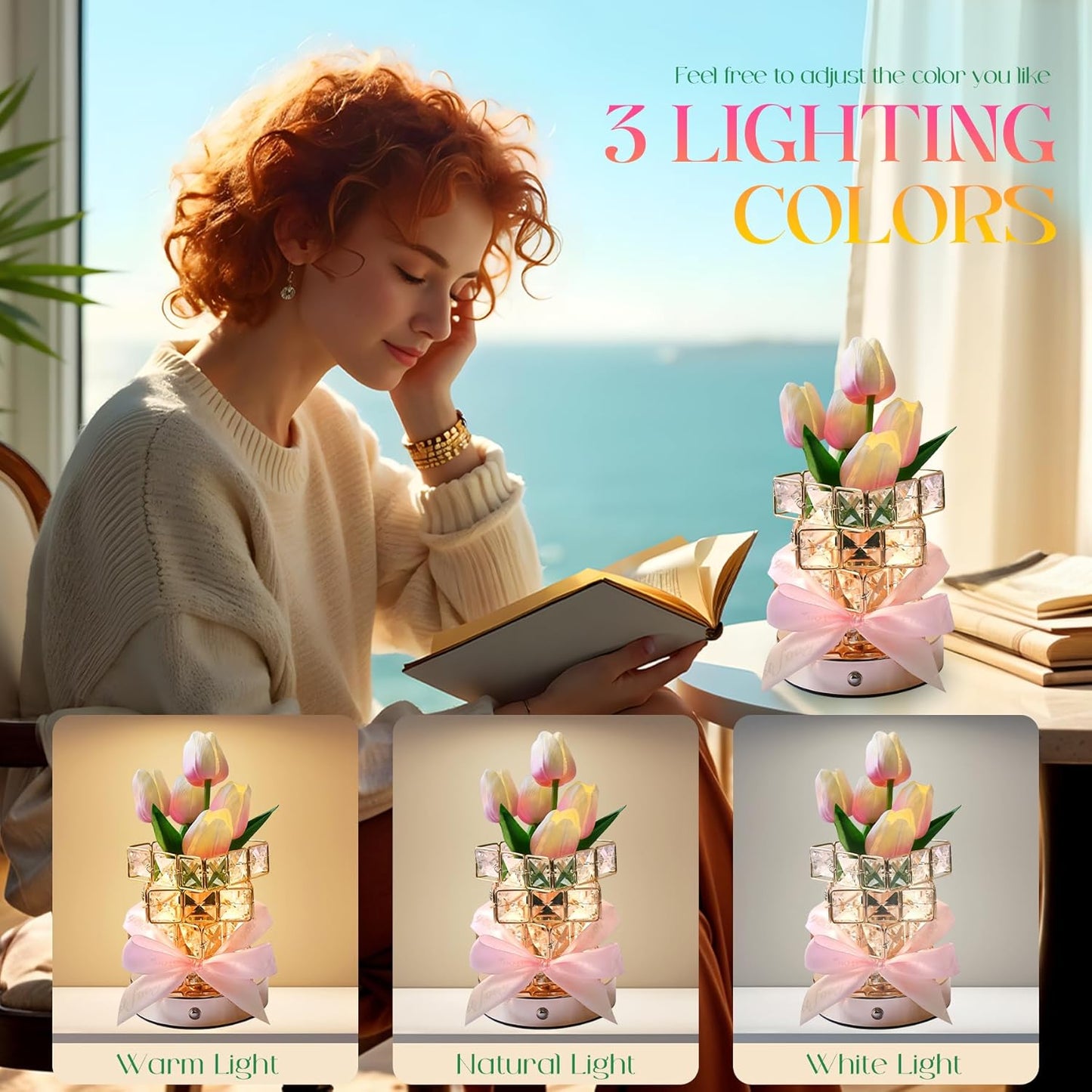 Tulips Lamp Gifts for Mom/Birthday Gifts for Women, Rechargeable Cordless Touch Table Lamp, 3 Color Colour Dimming Small Night Light-Gift for Mothers Day, Valentines Anniversary, Unique Home Decor