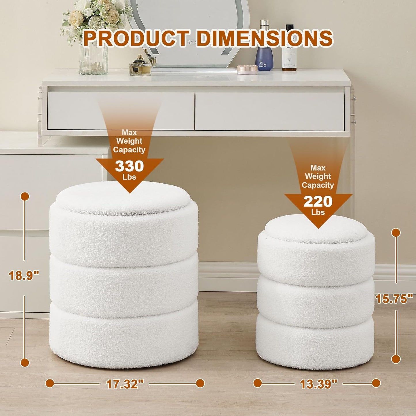 Round Ottoman with Storage Set of 2, Soft Teddy Velvet Upholstered Foot Stool Vanity Chairs, Support 330lbs Padded Seat Multifunctional Ottomans Footrest, Foot Rest for Living Room, White