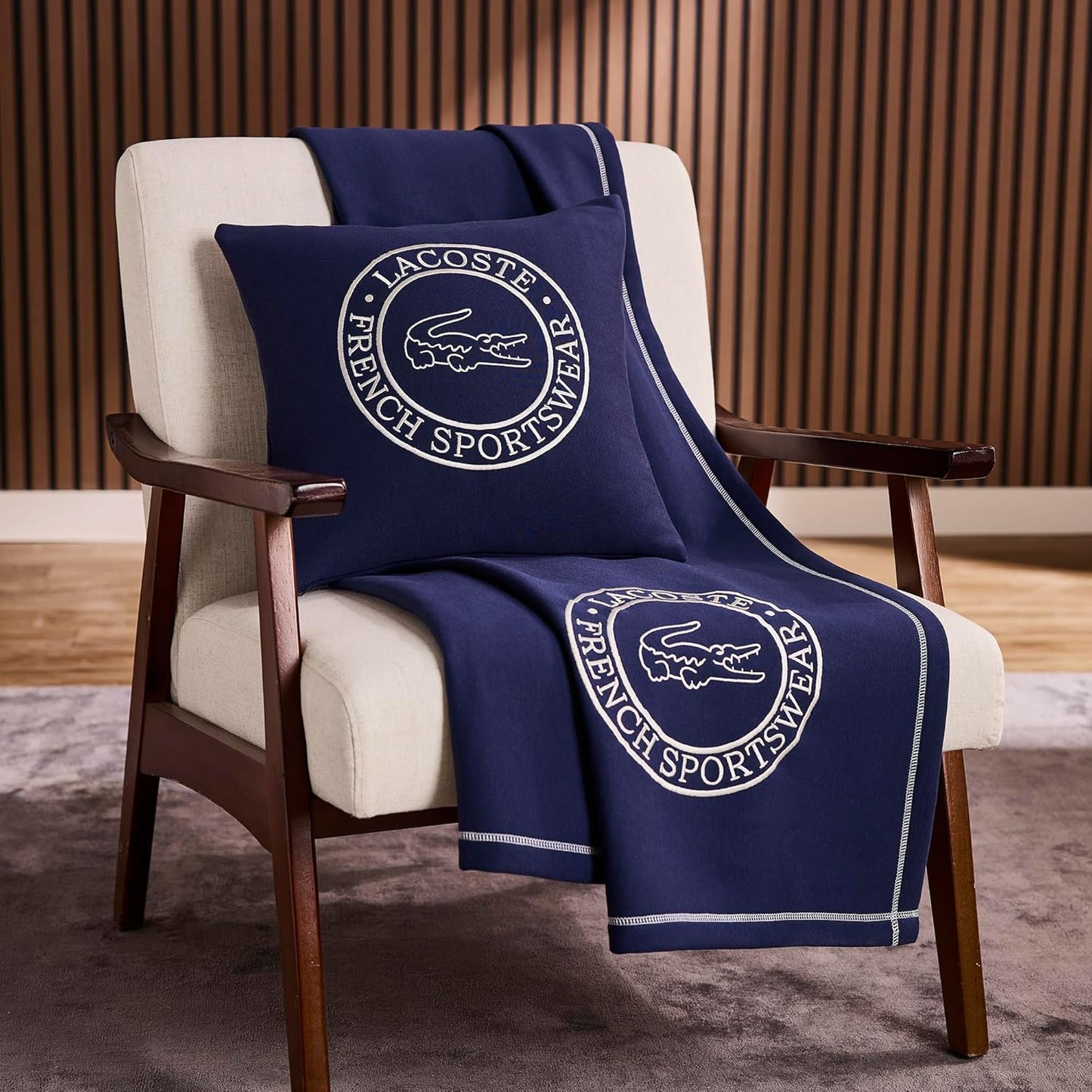 Lacoste 50" x 70" Sportswear Throw Blanket – Ultra Soft Cozy & Comfy Sweatshirt Knit, Premium Cotton and Polyester Blend, Luxury Home Decor for Bed Sofa Chair Couch, Embroidered Crocodile Logo, Navy