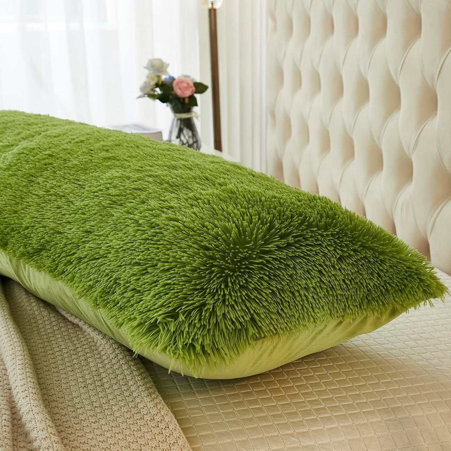 Uhamho Body Pillow Cover Large Fluffy Shaggy Lumbar Full Body Pillowcase 21 x 54 Inches Soft 1 Pack Modern Home Decorative Zipper Closure, Apple Green