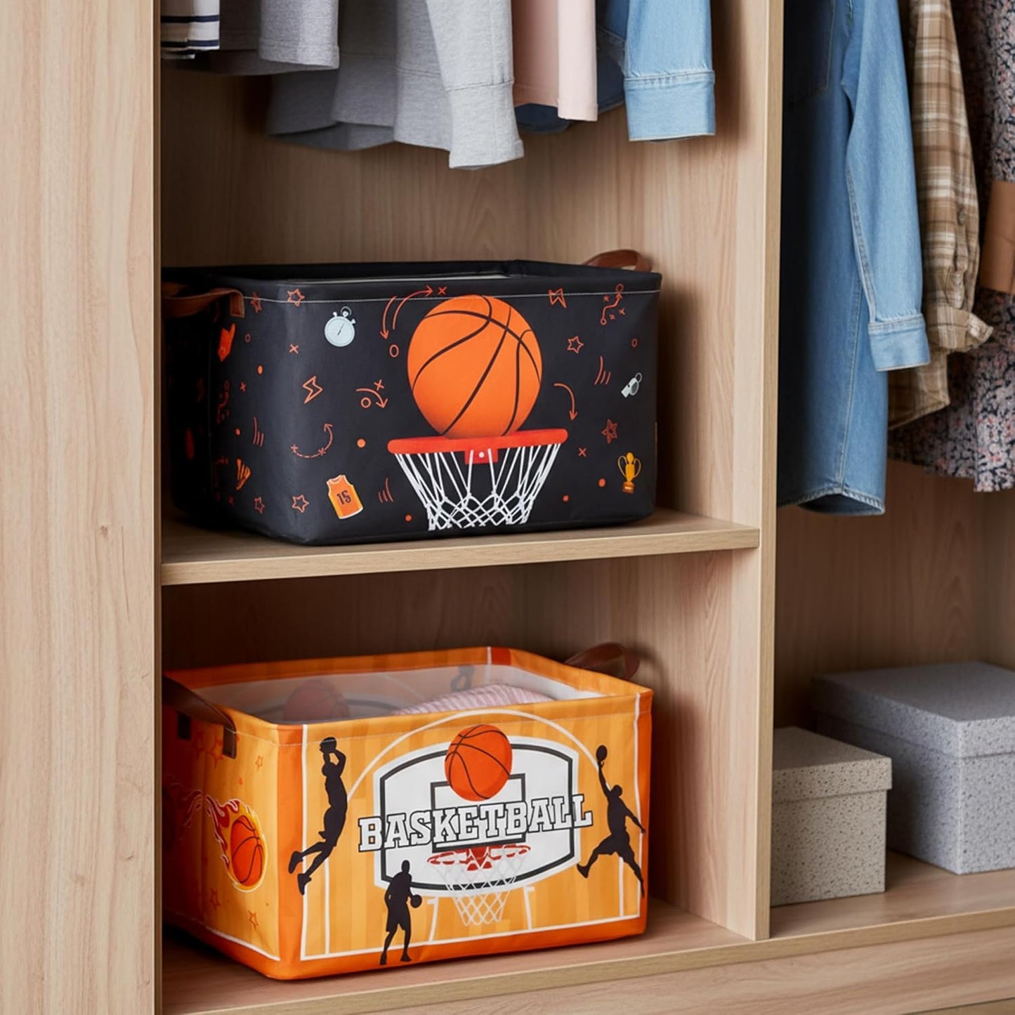 Basketball Storage Basket Bin - 4Pcs Balck Orange Large Fabric Organizer Toy Storage Bins with Handle Waterproof Collapsible Basket Closet Shelf Cloth Container for Nursery Boys Bedroom Home