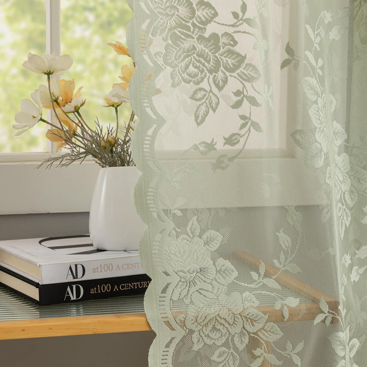 YJ YANJUN Sage Green Sheer Curtains 72 Inch Long 2 Panels Floral Patterned Boho Net Curtains Privacy Lace Gauze Curtain Panels for Boy Bedroom Room Divinding Closet Door 6 FT Length Light Sage