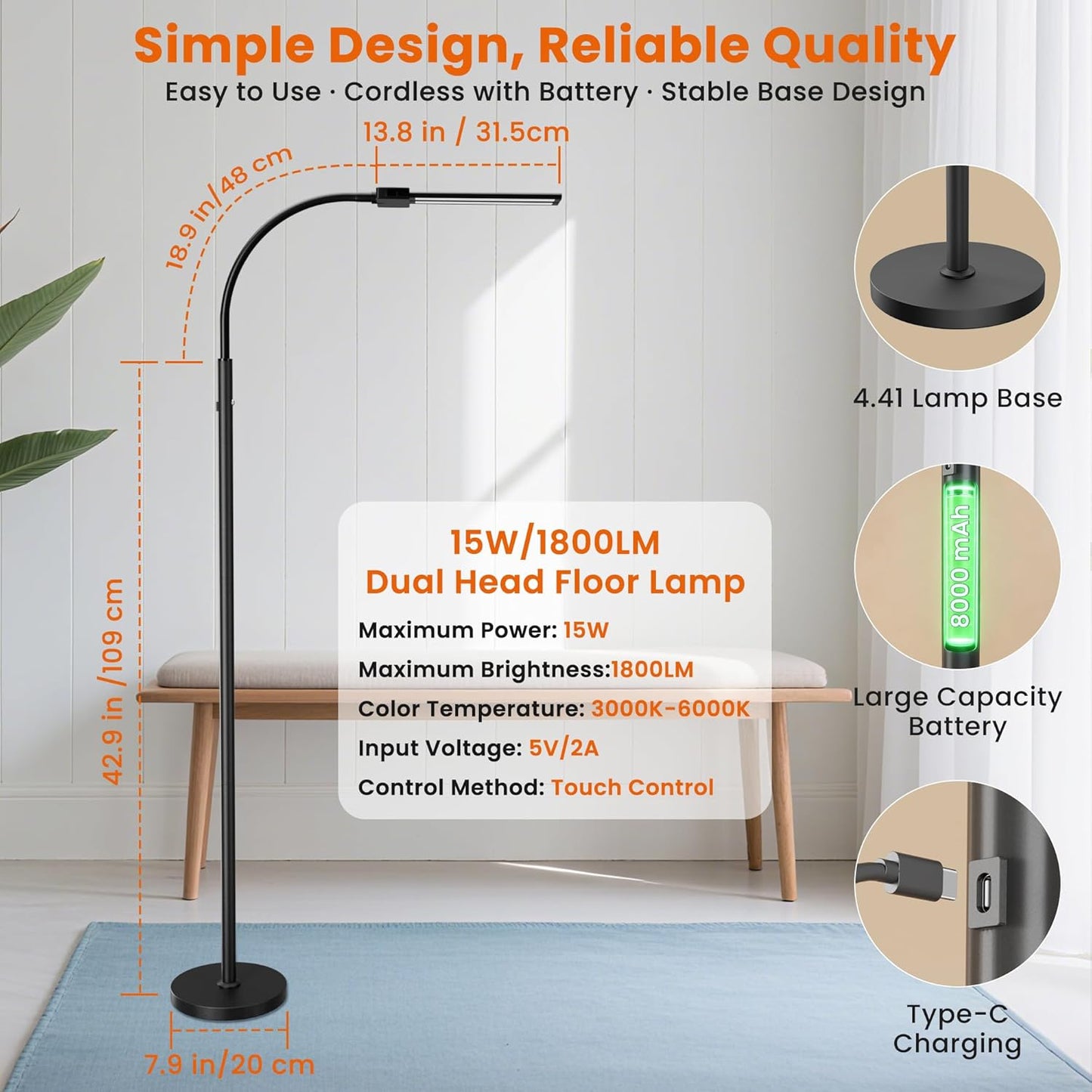 Cordless Floor Lamp LED Rechargeable - 15W Dual Head Adjustable Gooseneck Reading Light, 8000mAh Battery, Touch Control IP54 Waterproof, for Living Room, Bedroom & Emergency Lighting
