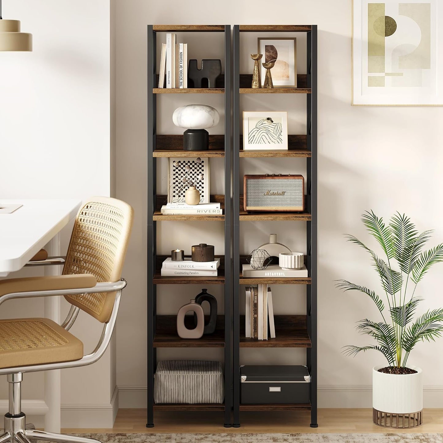 IDEALHOUSE Narrow Bookshelf Tall Skinny Bookcase 6 Tier Storage Rack Rustic Corner Shelf Metal Frame Small Freestanding Bookshelves Industrial Display Stand for Bedroom, Living Room, Home Office