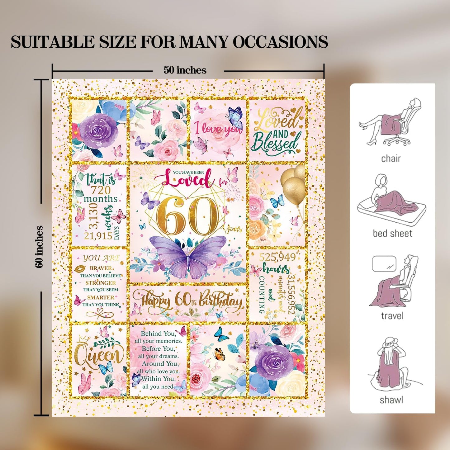 60th Birthday Gifts for Her -60 Year Old Gifts for Women Mom -60th Milestone Birthdays Blanket - 60th Birthday Blanket for Women - Warm Soft Plush Flannel Throw Blankets (60"x50")