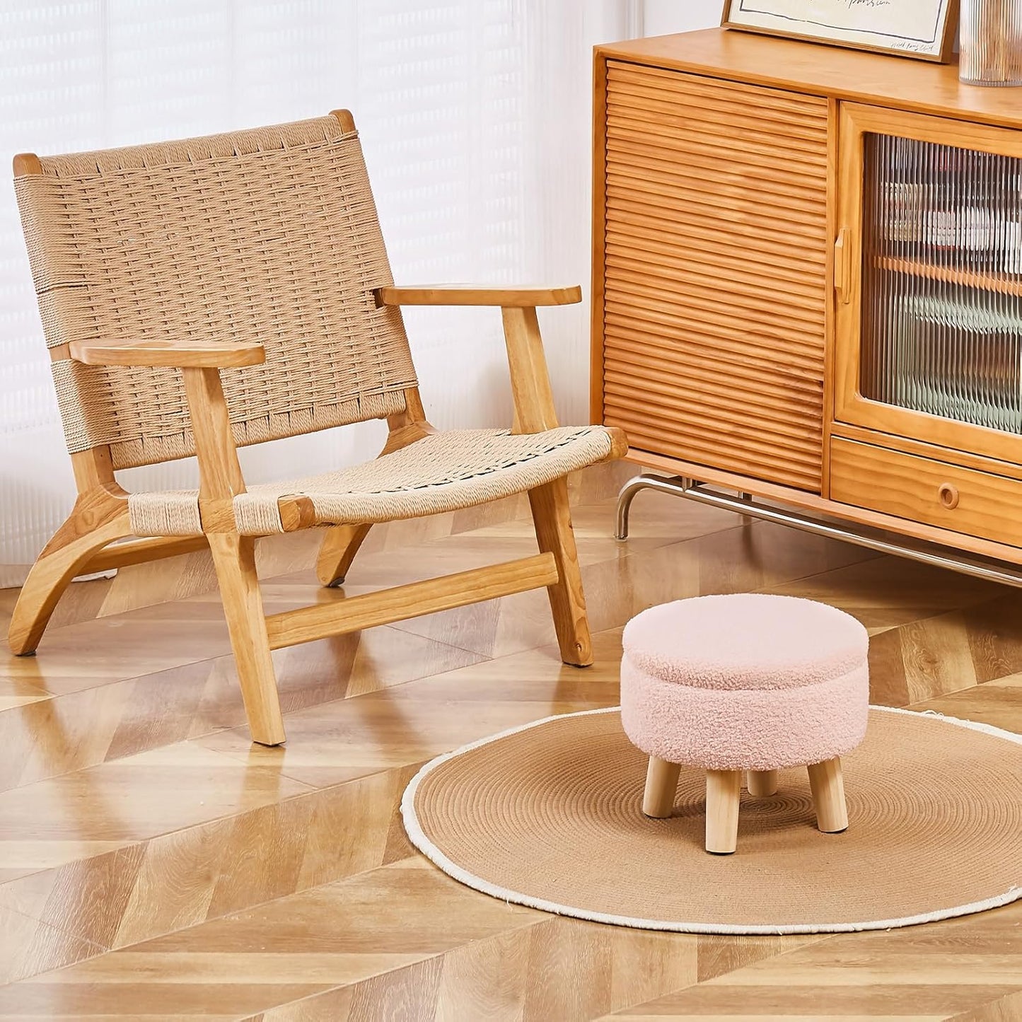 Wimarsbon Storage Ottoman, Modern Round Footrest with Soft Padded Seat, Teddy Velvet Footstool with Wood Legs, Accent Small Table or Plant Stand for Hallway, Living Room (Pink)