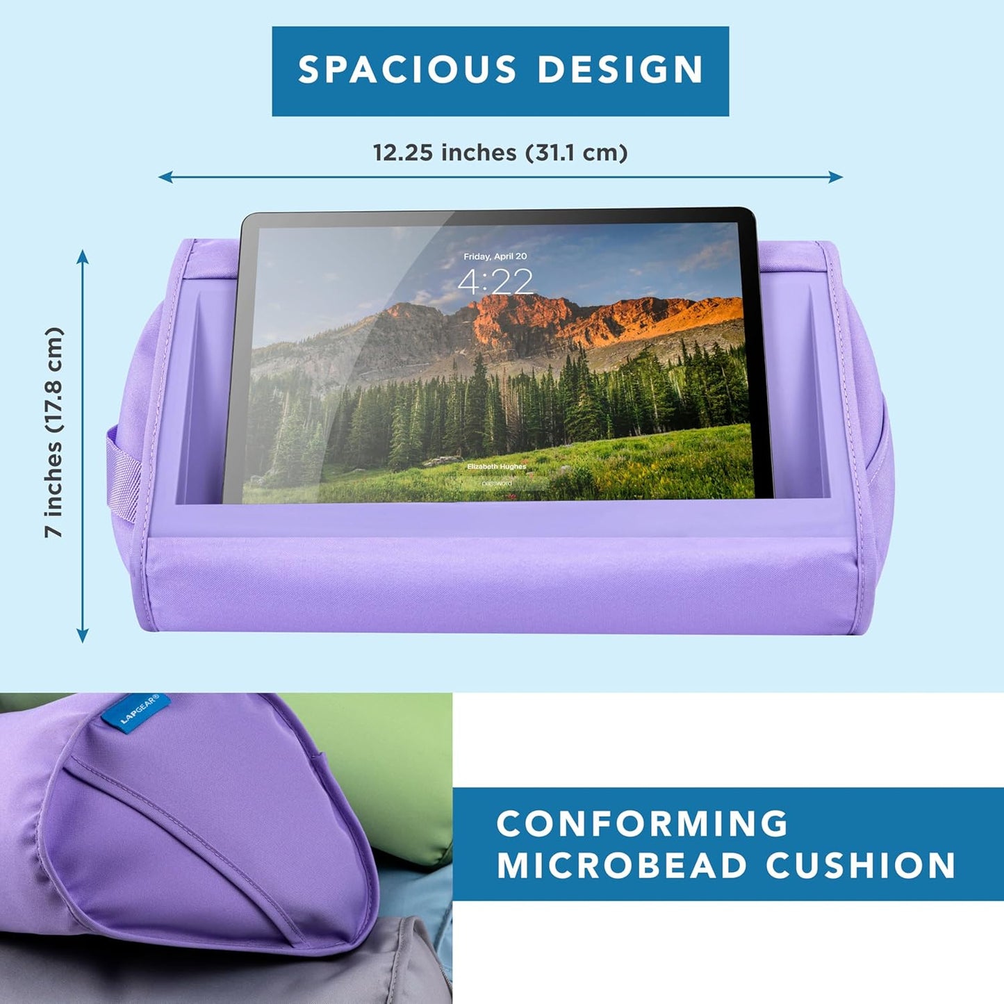 LAPGEAR Tablet Pillow Stand - 11" Slot for iPads, Galaxy Tabs, Kindles, E-Readers & Phones | Cushioned Holder with Storage Pocket & Handle | Purple Amethyst - Style No. 33102