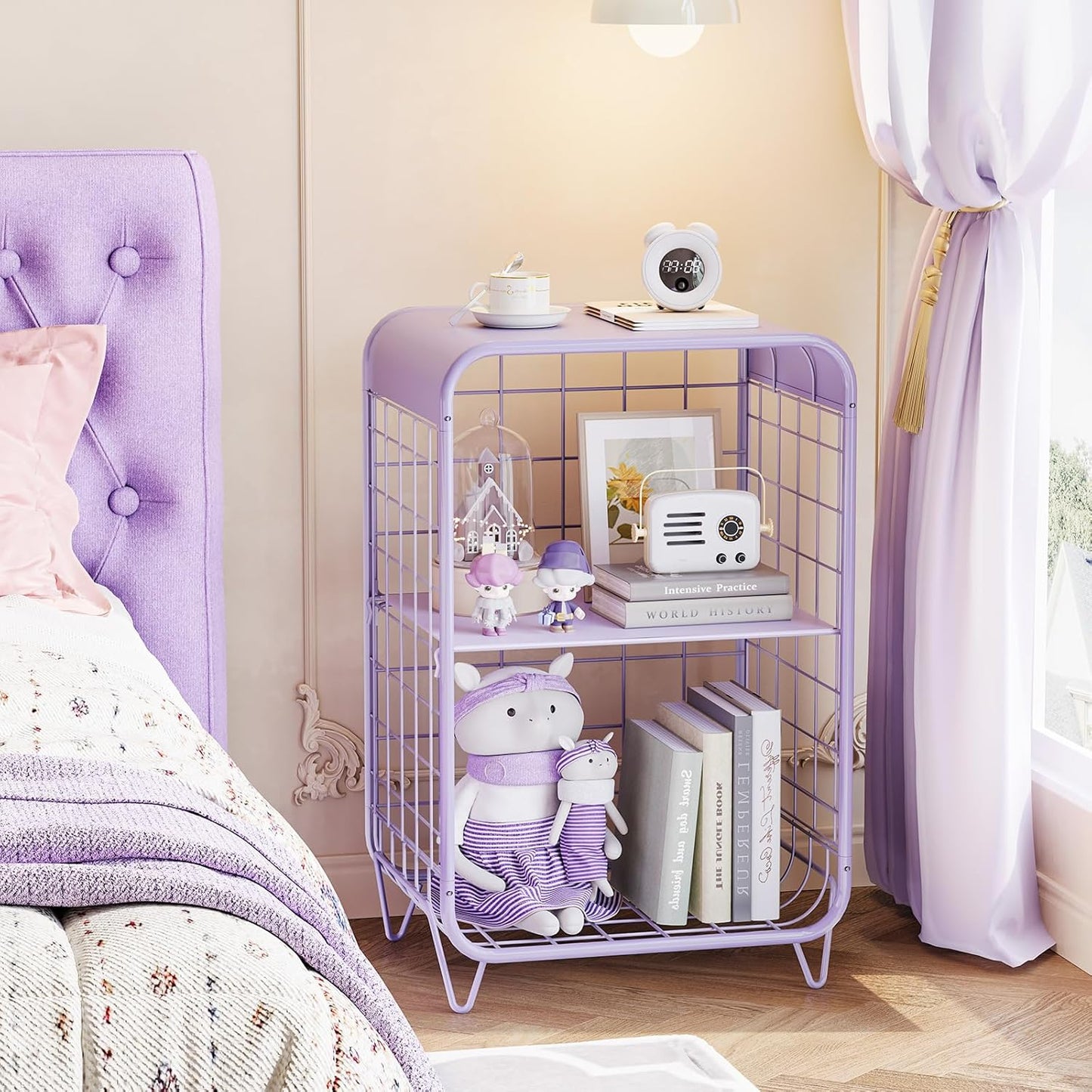 APEXCHASER Cute Kids Nightstand,Metal Side Table,3 Tier End Table with Storage,Vintage Bedside Table,Girls Bedroom Furniture,Coffee Table for Living Room,Bedroom,Dorm,Purple
