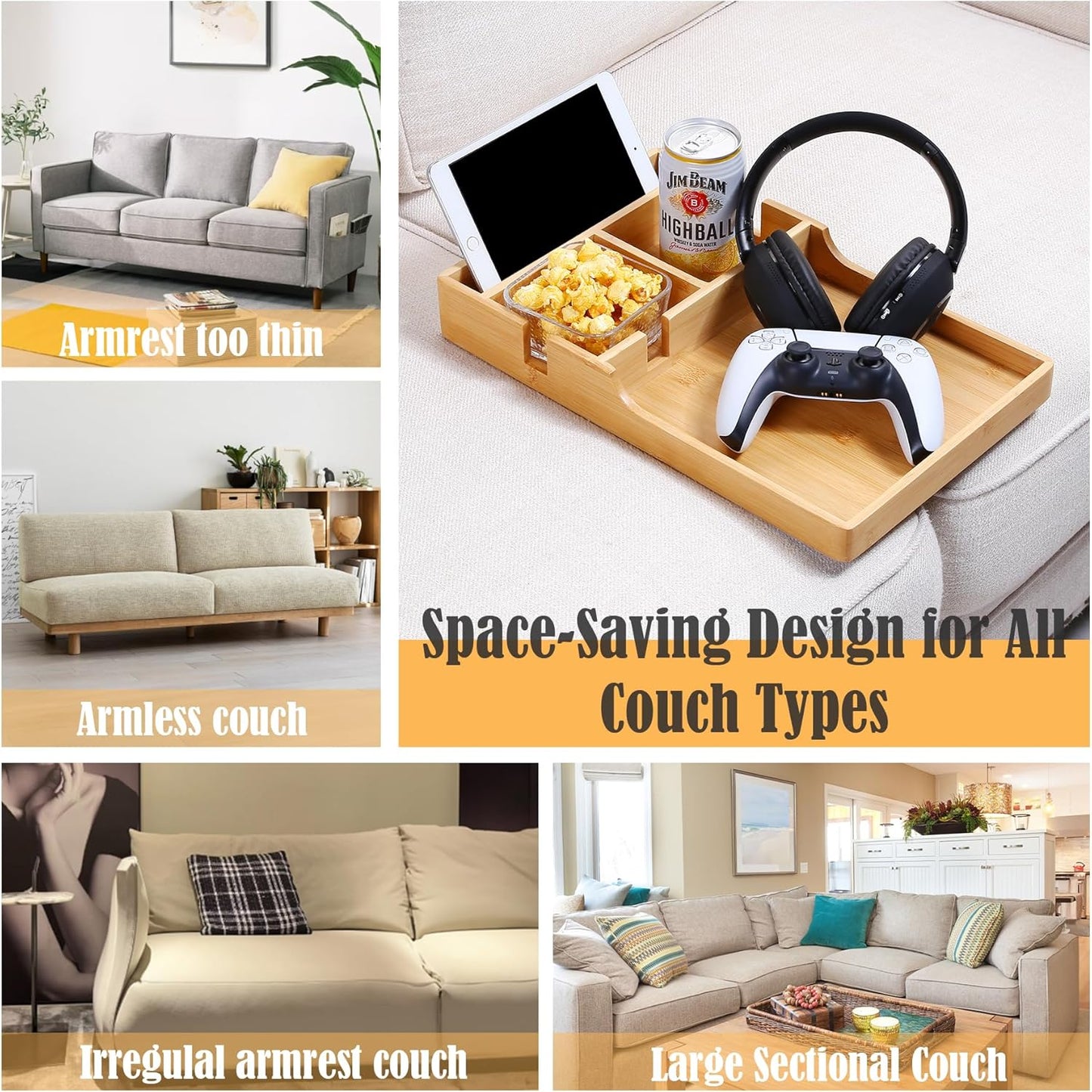 Nnewvante Couch Tray, 2-in-1 Insert & Flat Sofa Organizer Bamboo with 2 Cup Holders,Fits Seat Gaps or Ottomans,for Snacks, Drinks, Remotes,15.35x9.84-inch