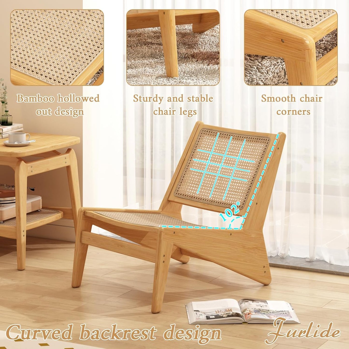 Rattan Chair 2Pcs, Mid Century Modern Accent Chair, Leisurely Reading Chair for Living Room（Wood）