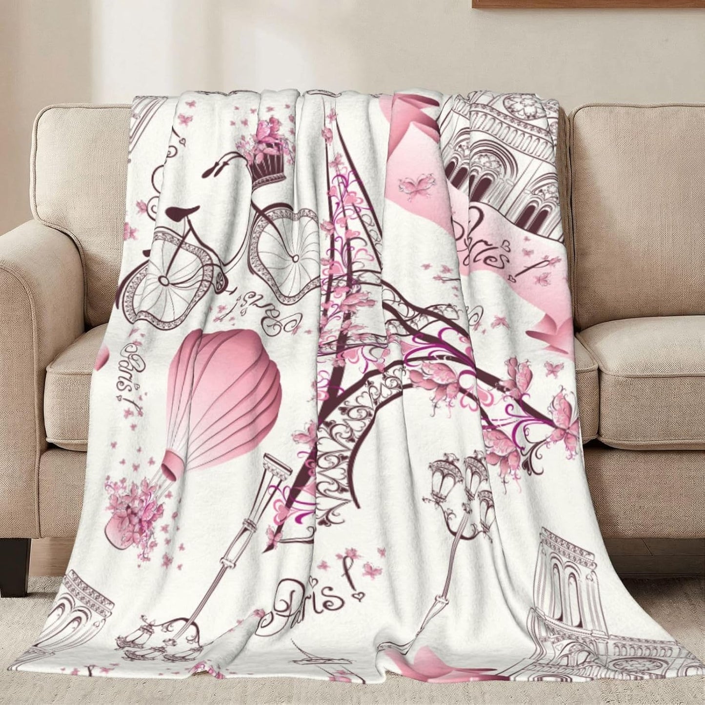 Paris Romance Throw Blankets All Season Ultra Soft Warm Eiffel Tower Fleece Blanket for Home Bed Sofa Couch Chair Outdoor Travel Camping 40x30 Inch