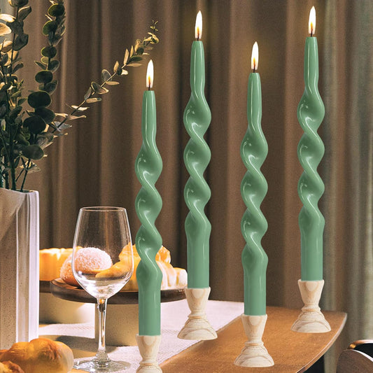 10 Inches Spiral Taper Candles Sticks Sage Green Twisted Candle Dripless Unscented Long Candles, Handmade Candlesticks for Wedding Dinner Decor, Set of 4