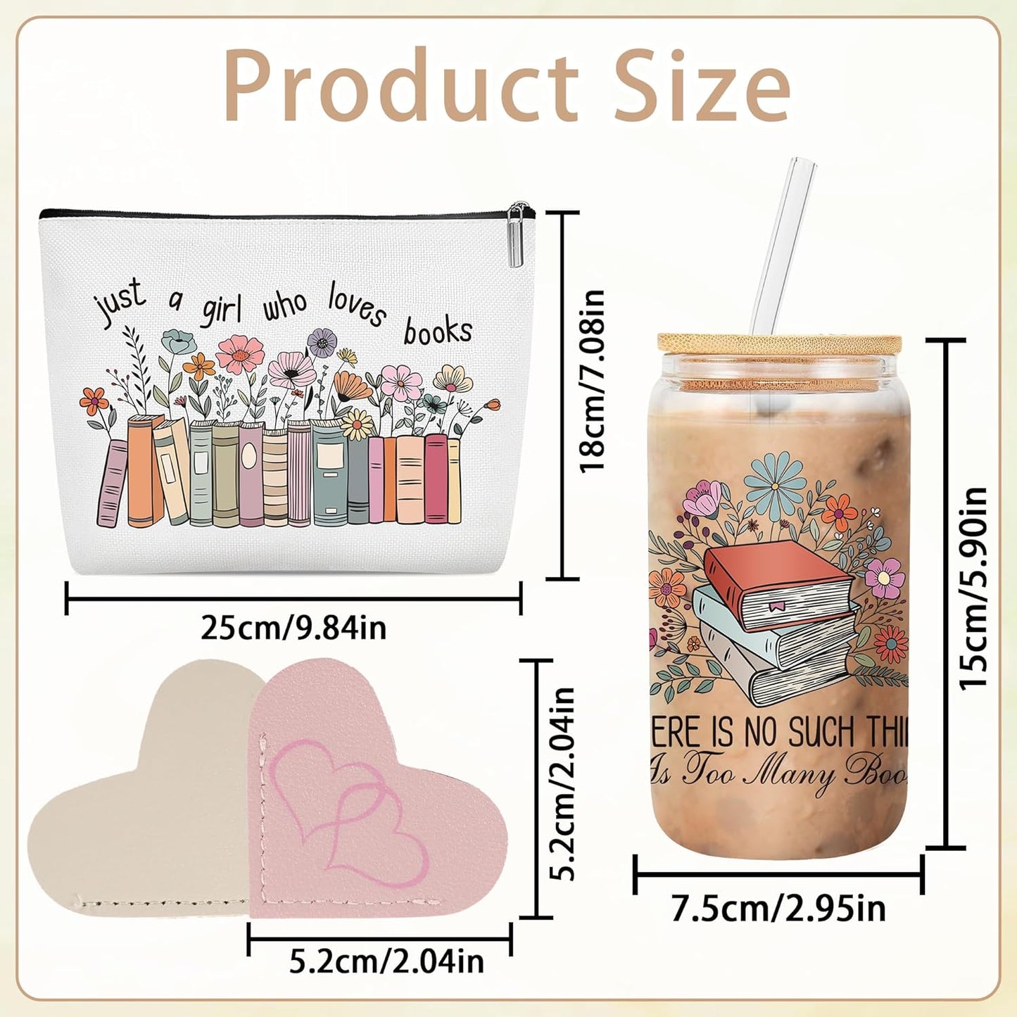 Book Lovers Gifts for Women, 5 Pcs Bookish Gift, Includes 16 oz Glass, Makeup Bag, 2 Heart Leather Bookmark, Christmas Mother's Day Birthday Present for Bookworm