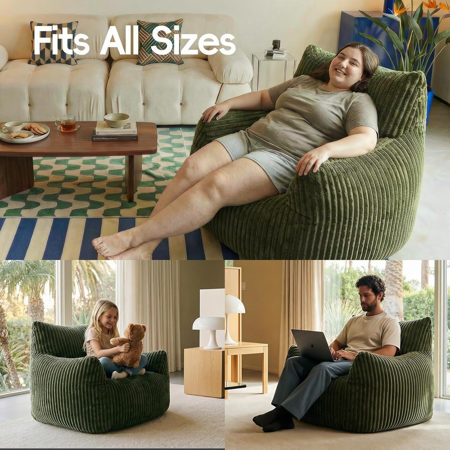 Giant Bean Bag Chair Sofa for Adults & Teens, Upgraded High Support Cushion with Solid Block Foam, Comfy Corduroy Lazy Sofa with Armrests for Living Room Bedroom Gaming Room (Green)