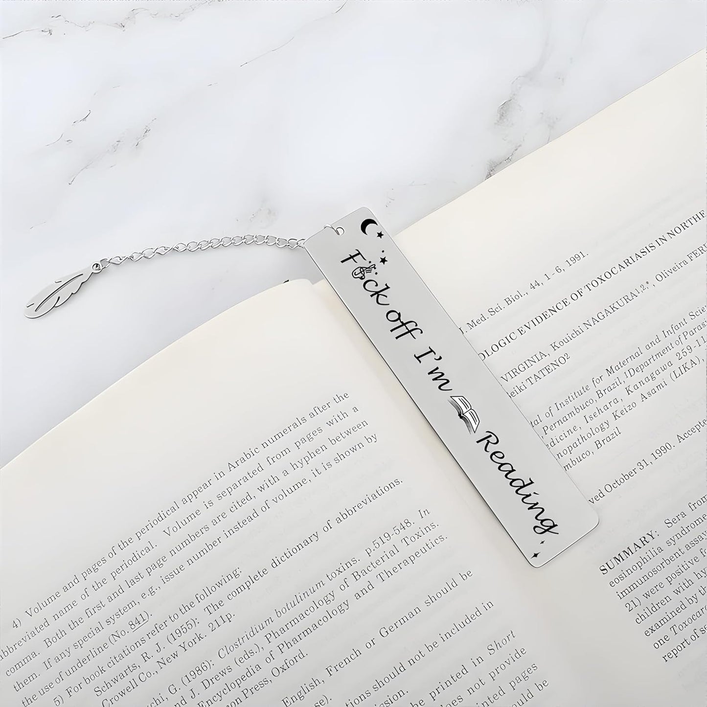 Metal Bookmark Gift, Engraved 'Fuck Off I'm Reading' Stainless Steel Leaf Pendant Book Mark, 1 Count, Silver