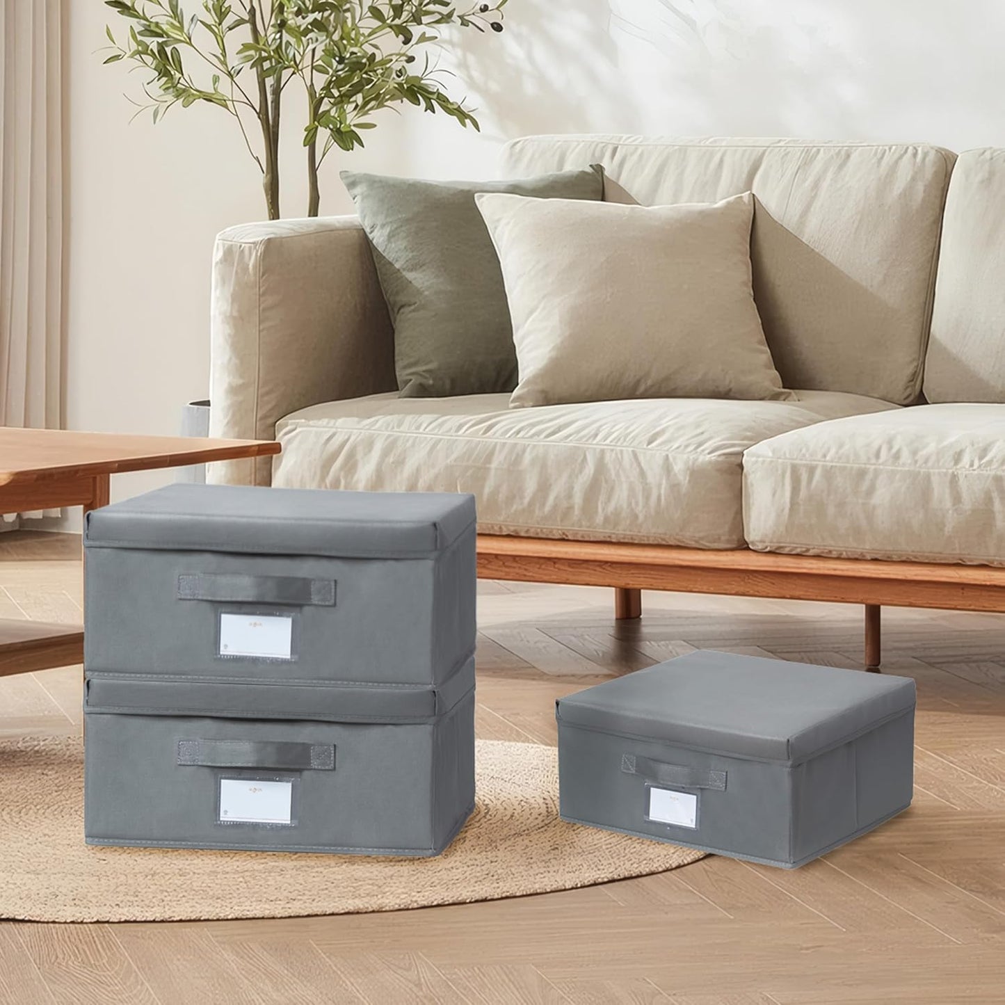 Set of 3 Stackable Storage Bins - Fabric Storage Bins with Lid for DVD Storage, Memory Box, Versatile Closet Storage Bins (Dark Grey, 14.2" L x 12.6" W x 6.3" H)