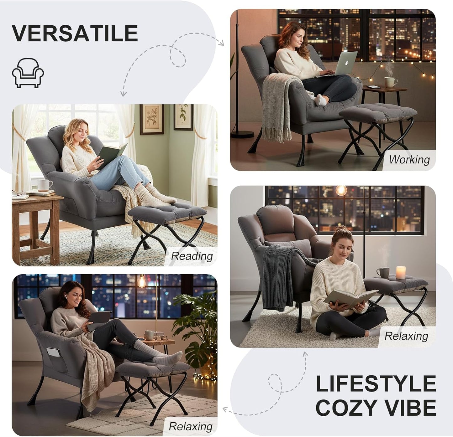 Lazy Chair with Ottoman, Comfy Fabric Accent Lounge Arm Chair with Lumbar Pillow and Folding Footrest, Reading Leisure Sofa Armchair for Bedroom, Living Room, Dorm,Dark Grey